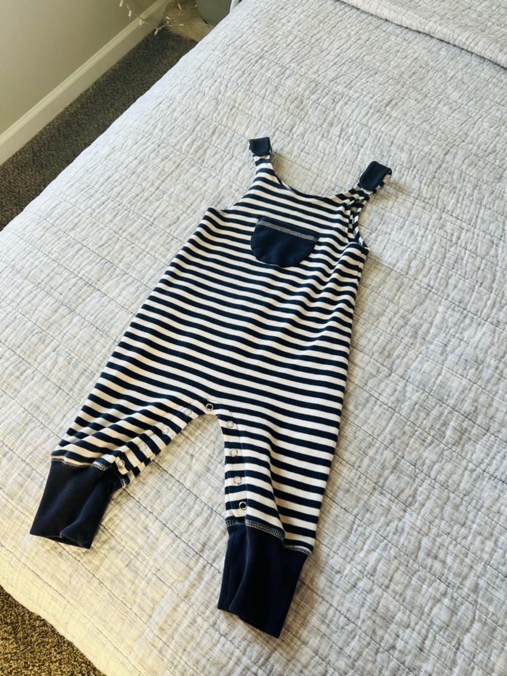 Striped Navy and White Kids One-Piece Overalls- Organic Cotton